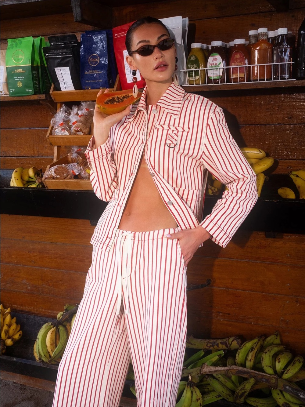 Avec Les Filles Red and White Striped Jean Jacket